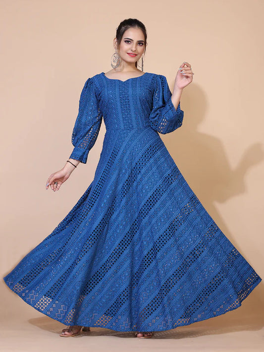 Turquoise Blue Lucknowi Embroidered Floor Length Gown