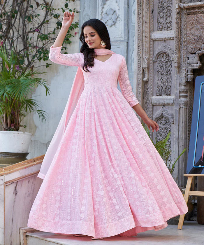 Light Pink Lucknowi Embroidered Georgette Anarkali Suit