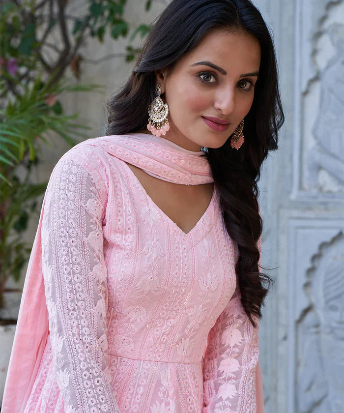 Light Pink Lucknowi Embroidered Georgette Anarkali Suit