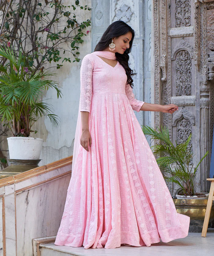 Light Pink Lucknowi Embroidered Georgette Anarkali Suit