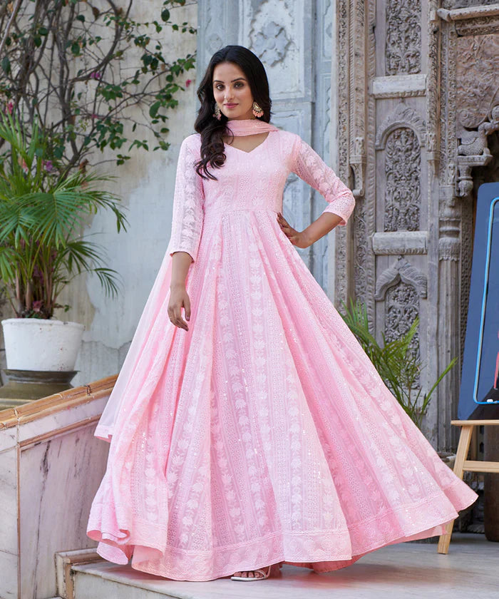 Light Pink Lucknowi Embroidered Georgette Anarkali Suit