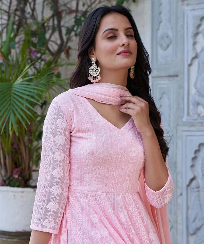 Light Pink Lucknowi Embroidered Georgette Anarkali Suit