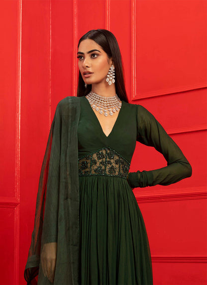 Dark Green Anarkali Gown With Hand Embroidery Work Designer Gown