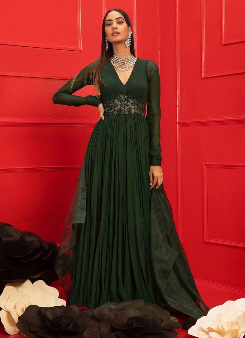 Dark Green Anarkali Gown With Hand Embroidery Work Designer Gown
