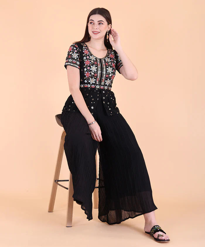 Black Floral Embroidered Sequined Top With Palazzos