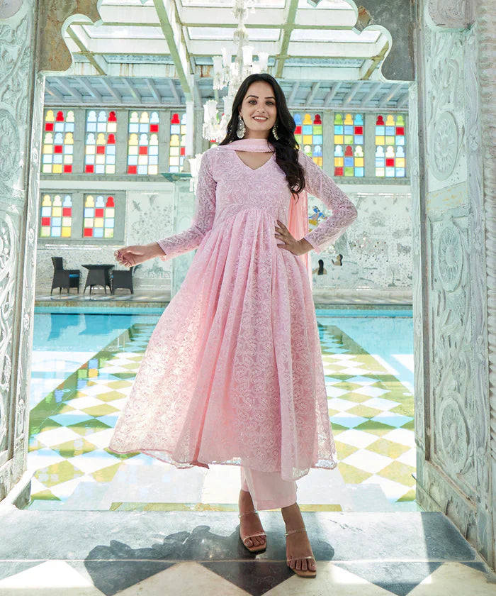 Baby Pink Georgette Embroidery Anarkali Suit Set