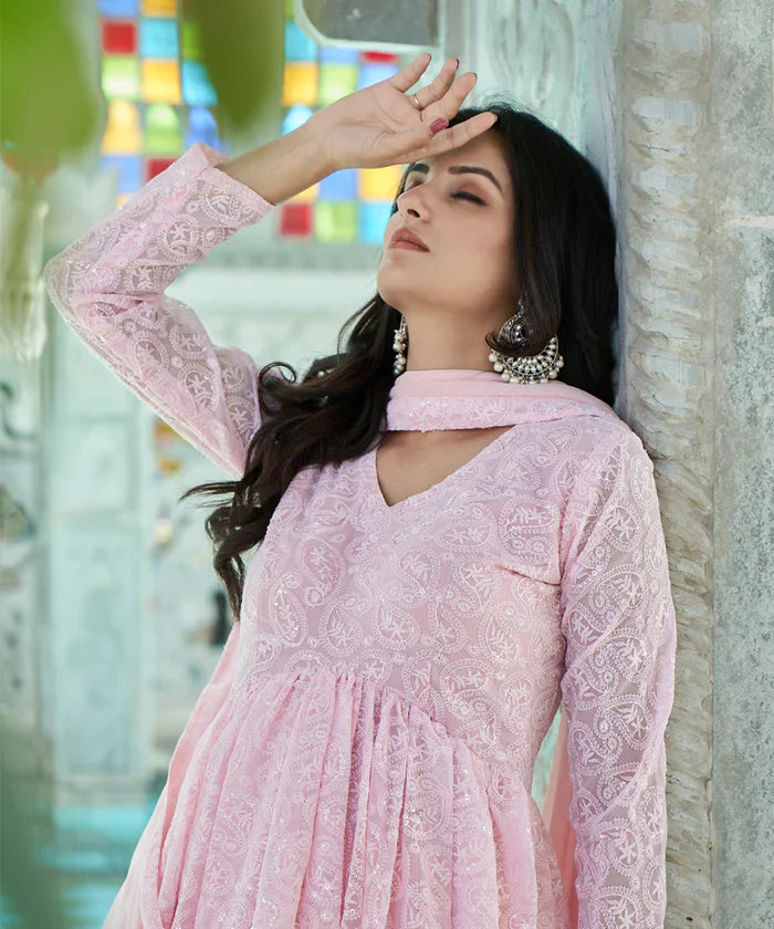 Baby Pink Georgette Embroidery Anarkali Suit Set