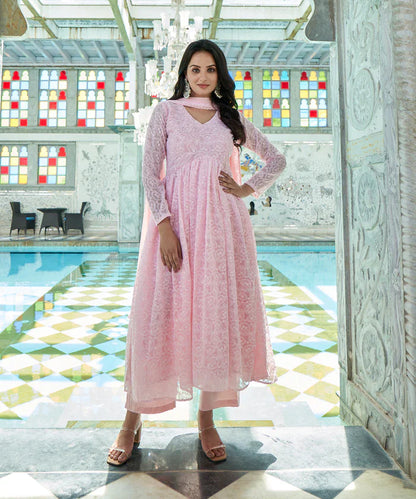 Baby Pink Georgette Embroidery Anarkali Suit Set