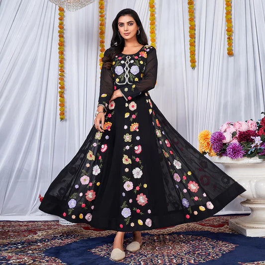 Black Multy Color Embrodiered Anarkali Gown