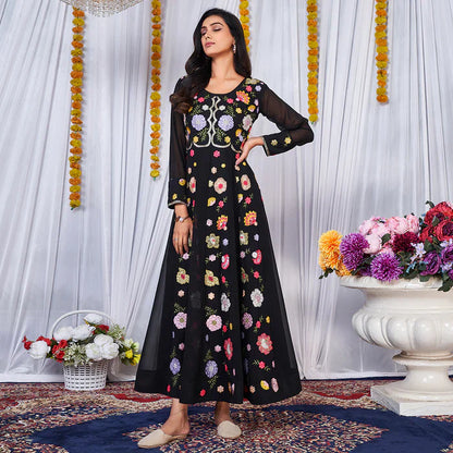 Black Multy Color Embrodiered Anarkali Gown