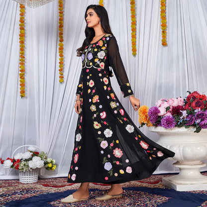 Black Multy Color Embrodiered Anarkali Gown