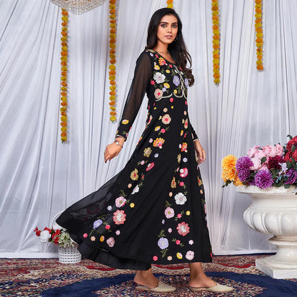 Black Multy Color Embrodiered Anarkali Gown