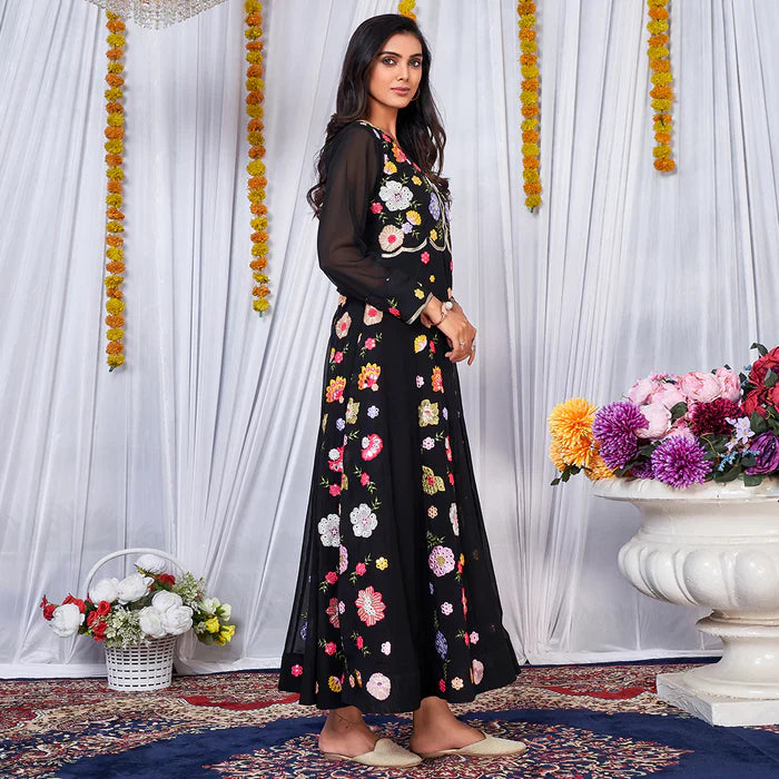 Black Multy Color Embrodiered Anarkali Gown