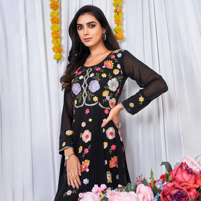 Black Multy Color Embrodiered Anarkali Gown