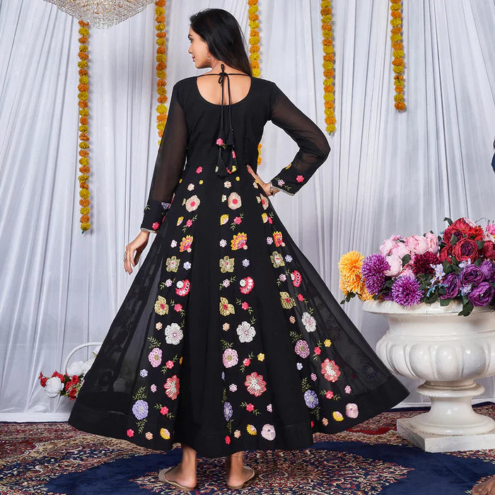 Black Multy Color Embrodiered Anarkali Gown