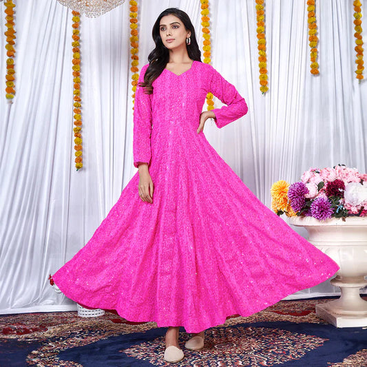 Dark Pink Ethnic Motifs Lucknowi Embroidered Georgette Gown