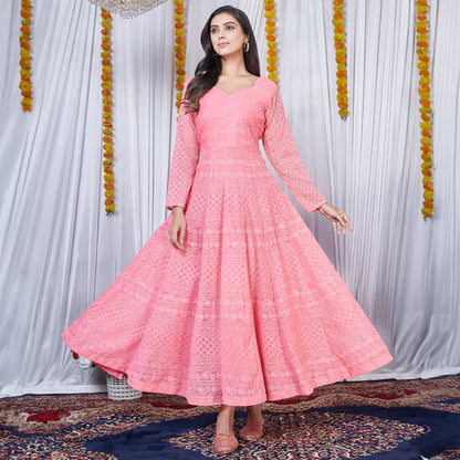Peach Sequined Detail Ethnic Lucknowi Embroidered Georgette Anarkali Gown