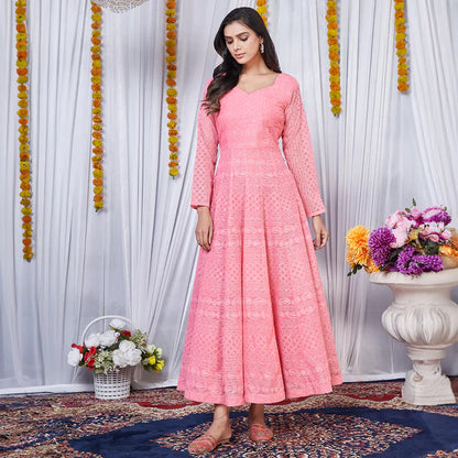 Peach Sequined Detail Ethnic Lucknowi Embroidered Georgette Anarkali Gown