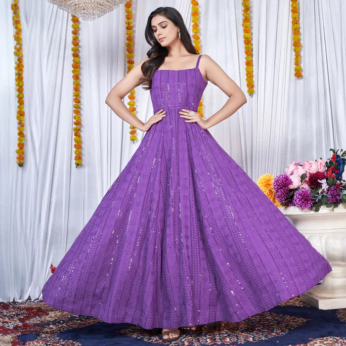 Purple Chikankari Embroidered Crepe Lining Anarkali Gown