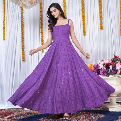 Purple Chikankari Embroidered Crepe Lining Anarkali Gown