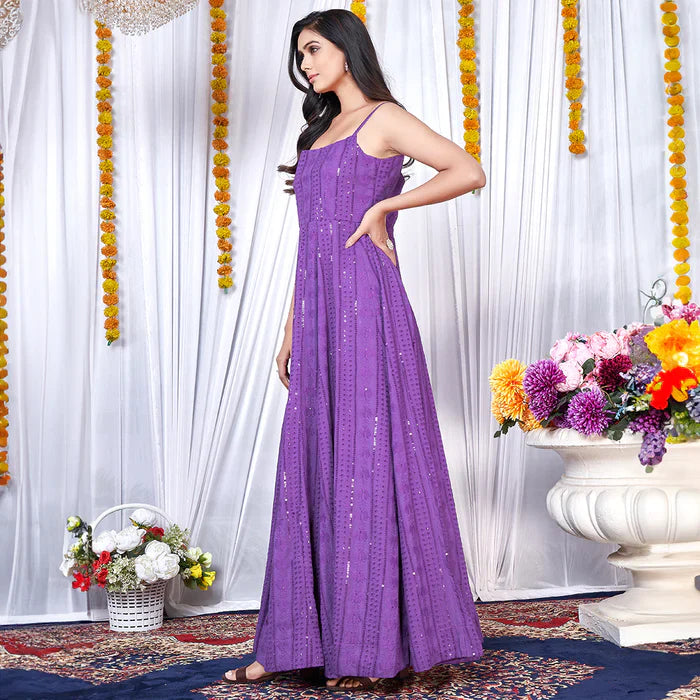 Purple Chikankari Embroidered Crepe Lining Anarkali Gown