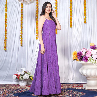 Purple Chikankari Embroidered Crepe Lining Anarkali Gown