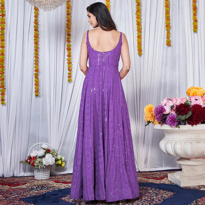 Purple Chikankari Embroidered Crepe Lining Anarkali Gown