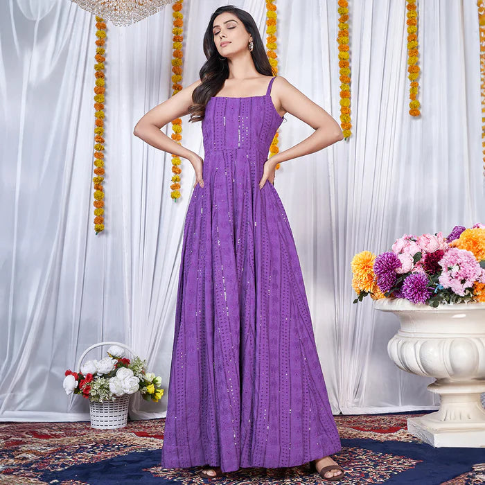 Purple Chikankari Embroidered Crepe Lining Anarkali Gown