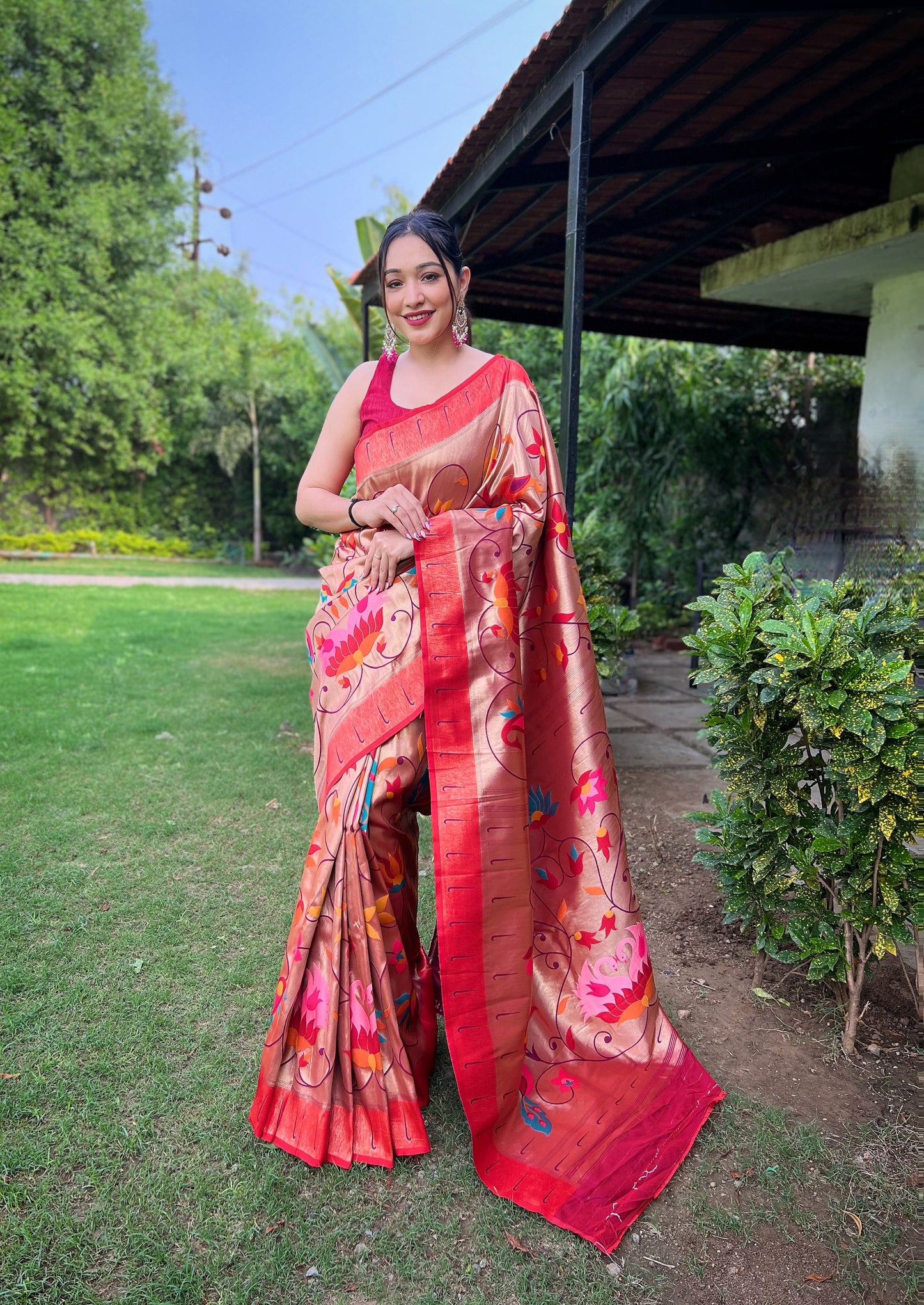 GOLDEN PINK PURE PAITHANI WITH ALL OVER ZARI AND MEENAKARI WEAVES SAREE