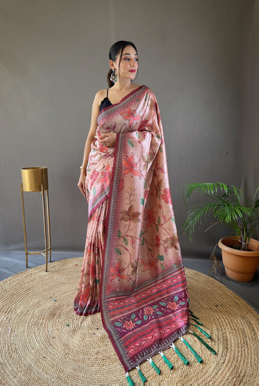 Wine Printed Digital Kalamkari Saree