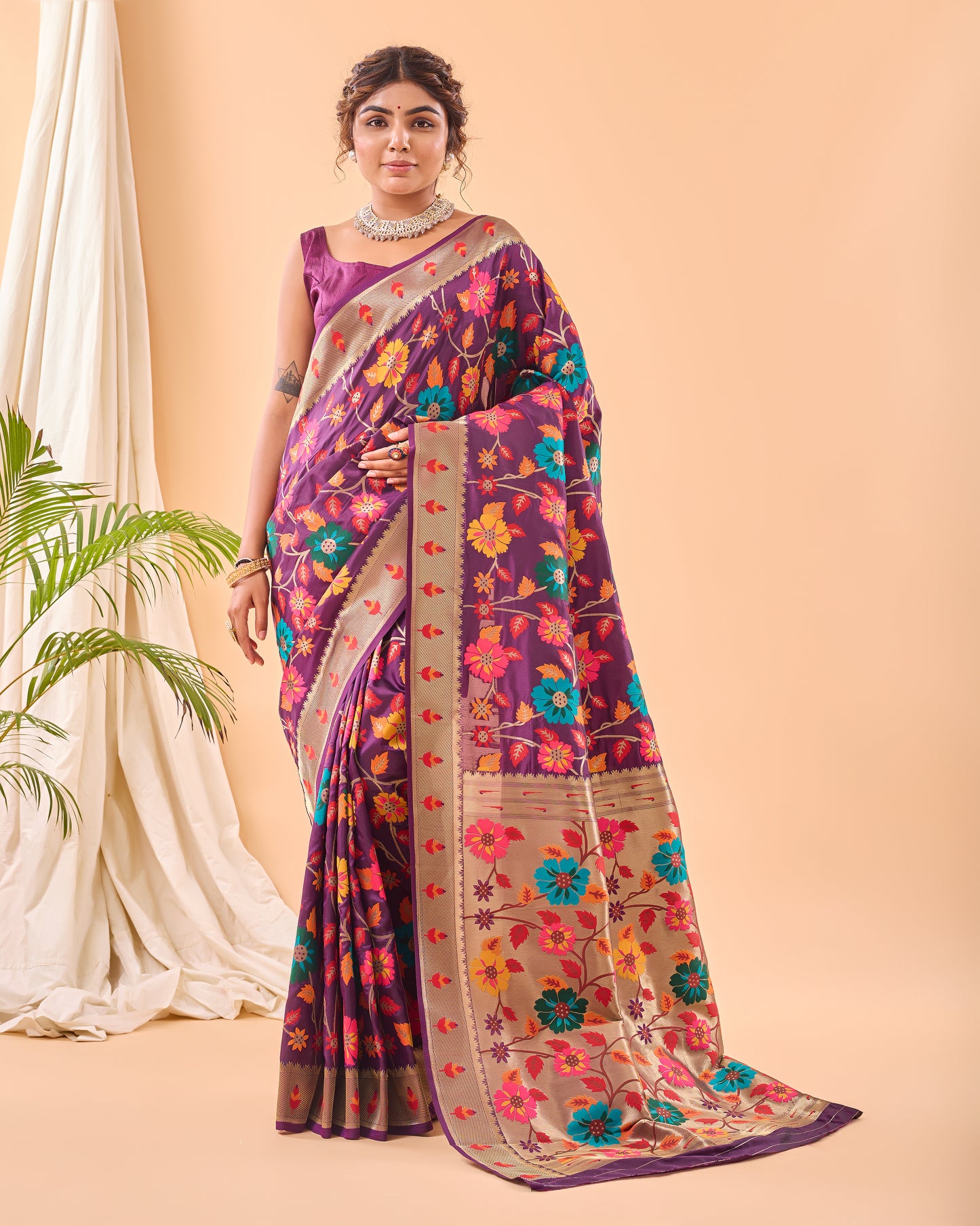 Wine Kashmiri Pashmina Jaal Silk Woven Meenakari Work Saree