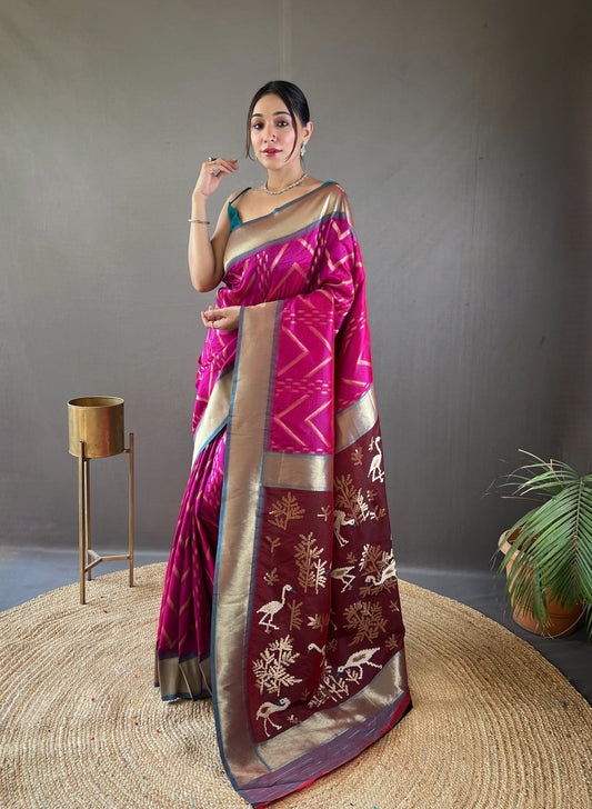 Wine Zig Zag Viscose Zari Design Soft Banarasi Silk Saree