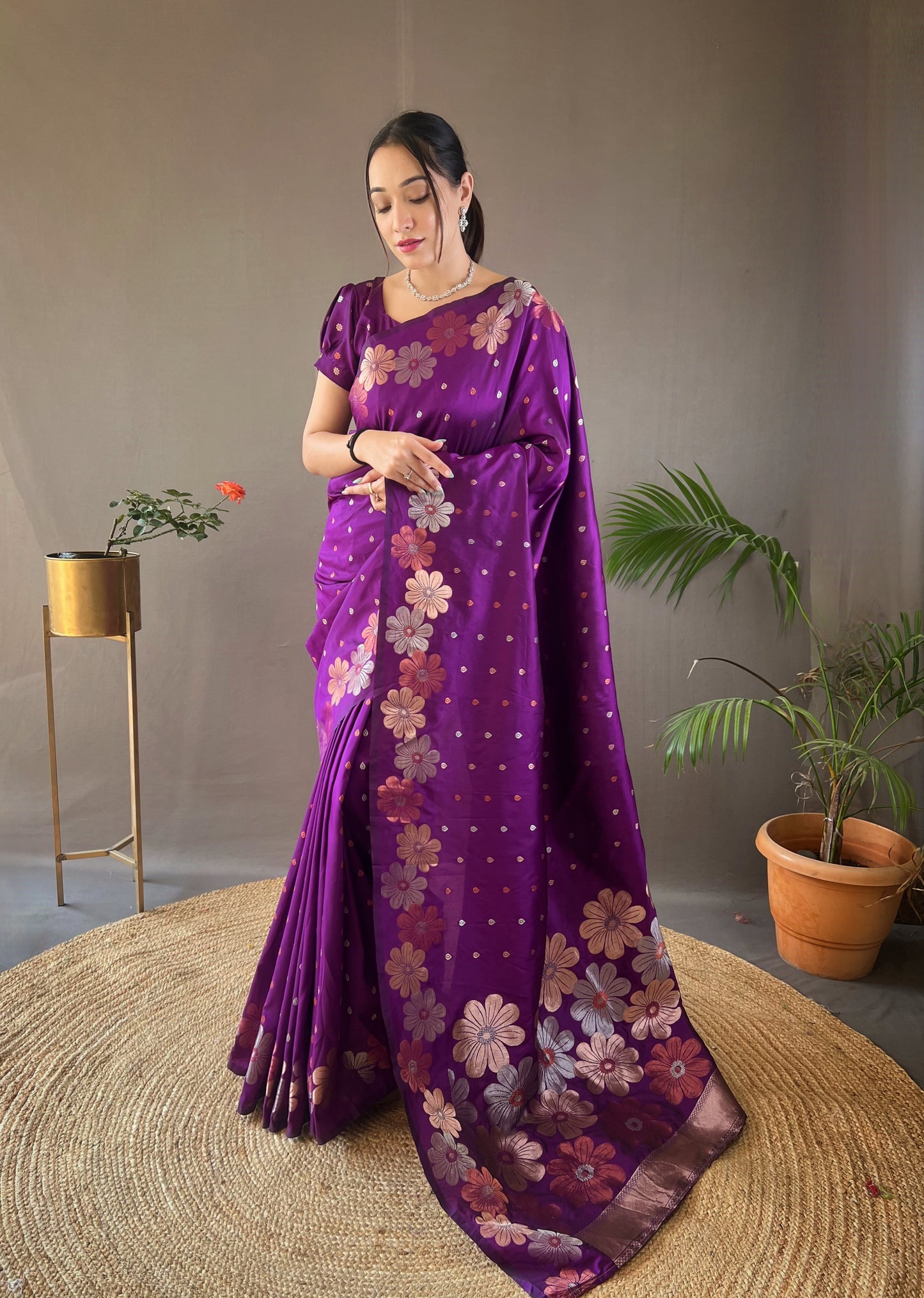 Wine Pure Soft Silk Weaving Jacquard Jari Ethnic Saree