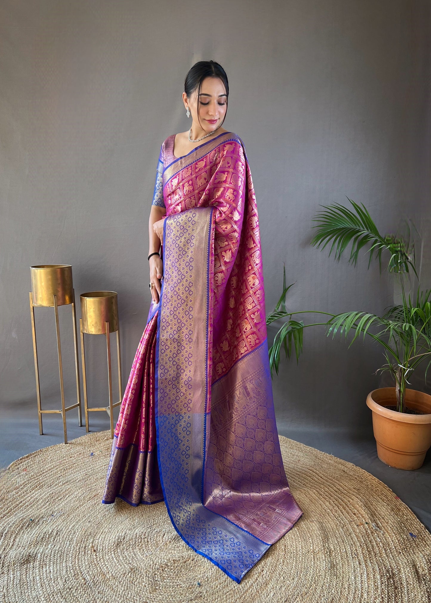 Wine Pattu Silk Contrast Weaving Pallu And Border Saree