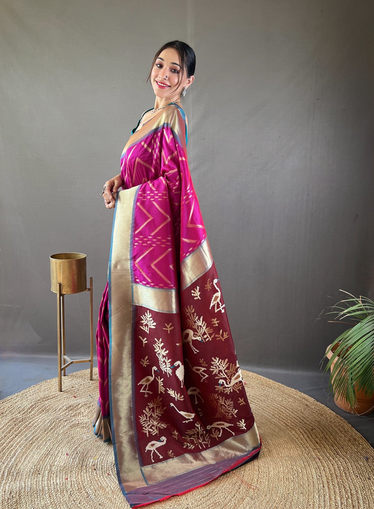 Wine Zig Zag Viscose Zari Design Soft Banarasi Silk Saree