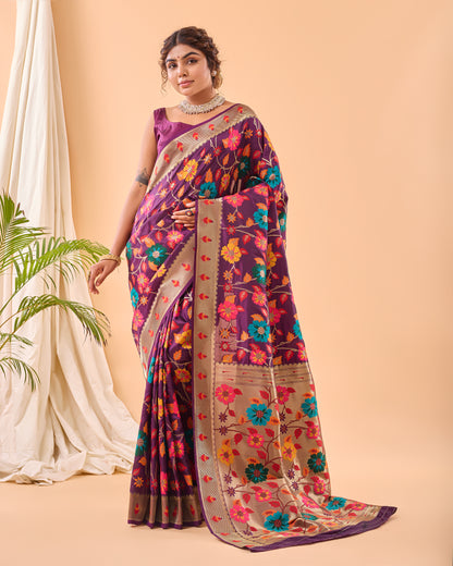 Wine Kashmiri Pashmina Jaal Silk Woven Meenakari Work Saree