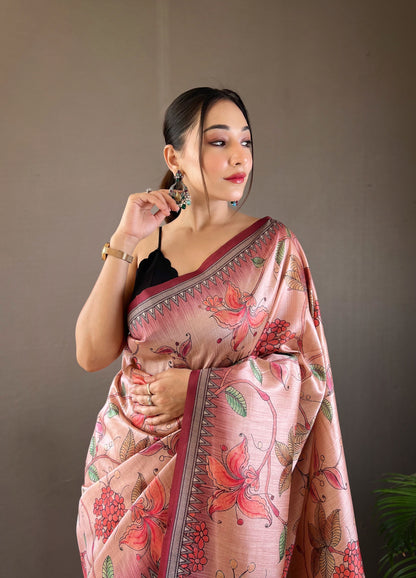 Wine Printed Digital Kalamkari Saree