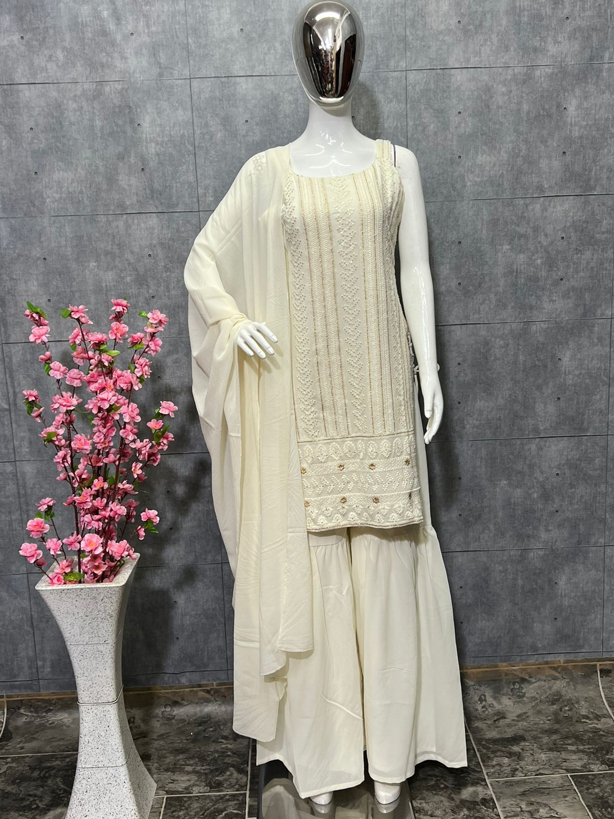 Beautiful Off White Pure Lukhnowi Embroidery Cotton Thread Work , Sequence Work Sharara Set