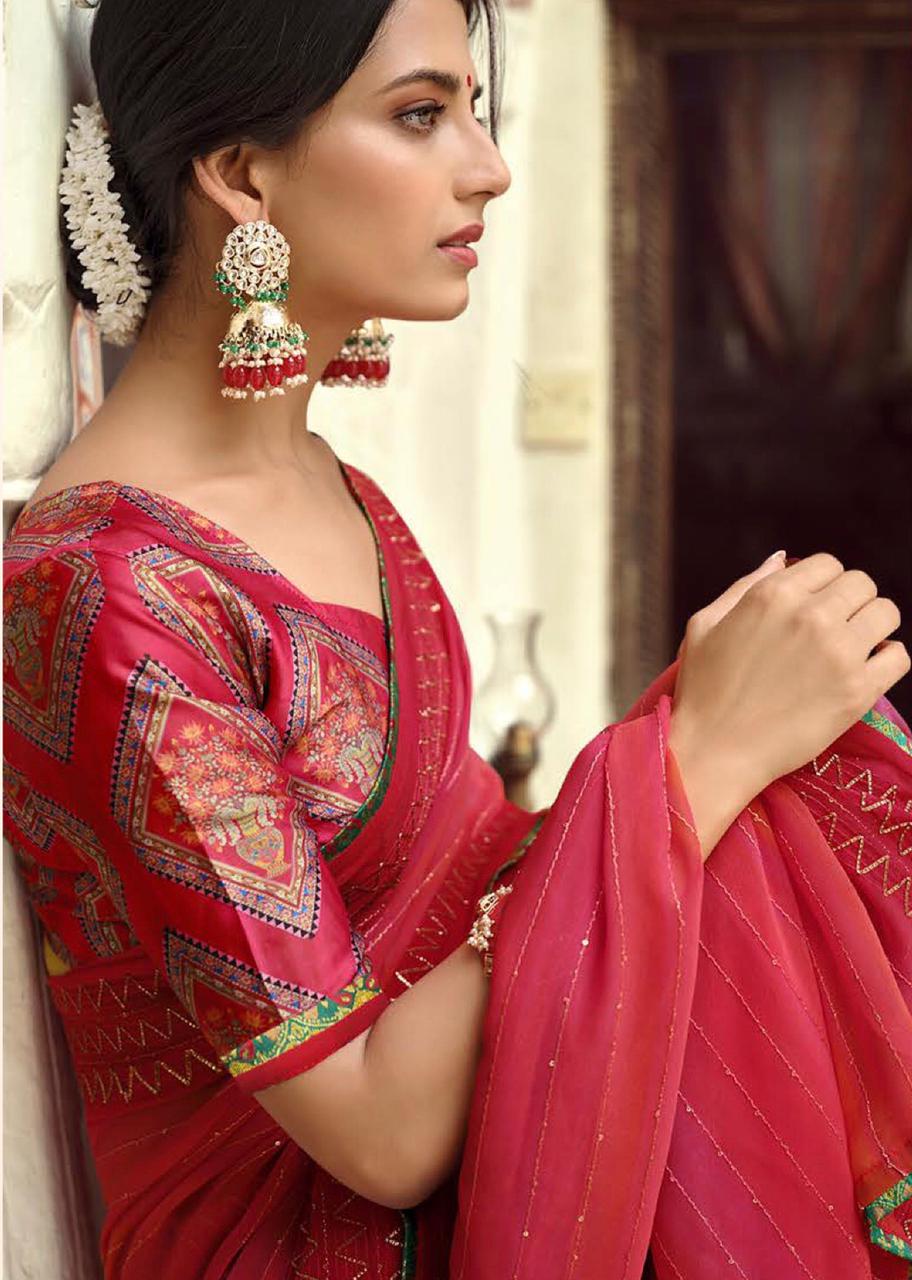 Raspberry Red Georgette With Fancy Embroidery Work Saree