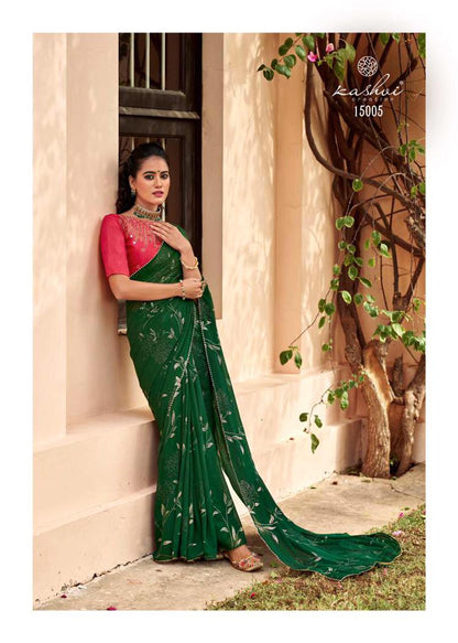 Green  Weightless Printed Saree With Mirror Work Blouse