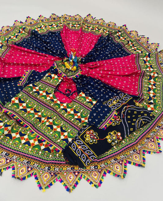 Pink Dark Blue Pure Heavy Rayon Cotton With Bandhani Print And Real Mirror Work Navratri Lehenga Choli