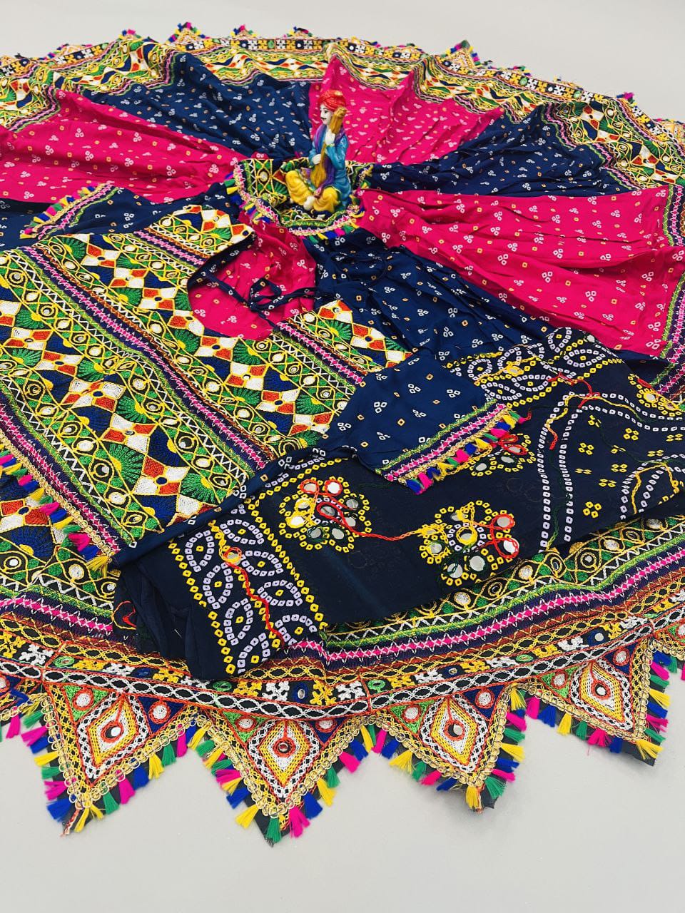 Pink Dark Blue Pure Heavy Rayon Cotton With Bandhani Print And Real Mirror Work Navratri Lehenga Choli