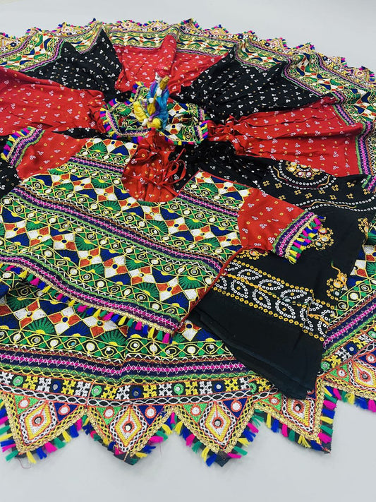 Black Red Pure Heavy Rayon Cotton With Bandhani Print And Real Mirror Work Navratri Lehenga Choli