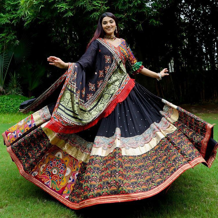 Black Heavy Butter Silk With Digital Print Embroidery & Real Mirror Work Navrati Lehenga