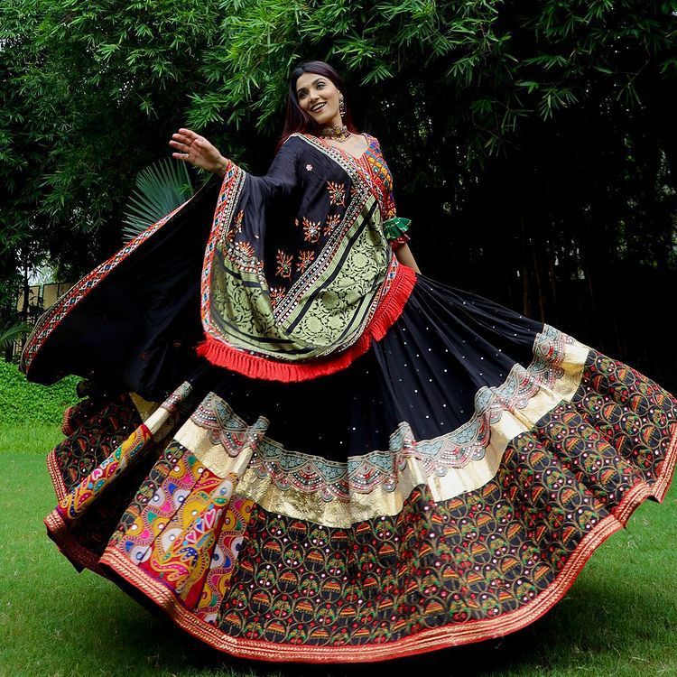 Black Heavy Butter Silk With Digital Print Embroidery & Real Mirror Work Navrati Lehenga