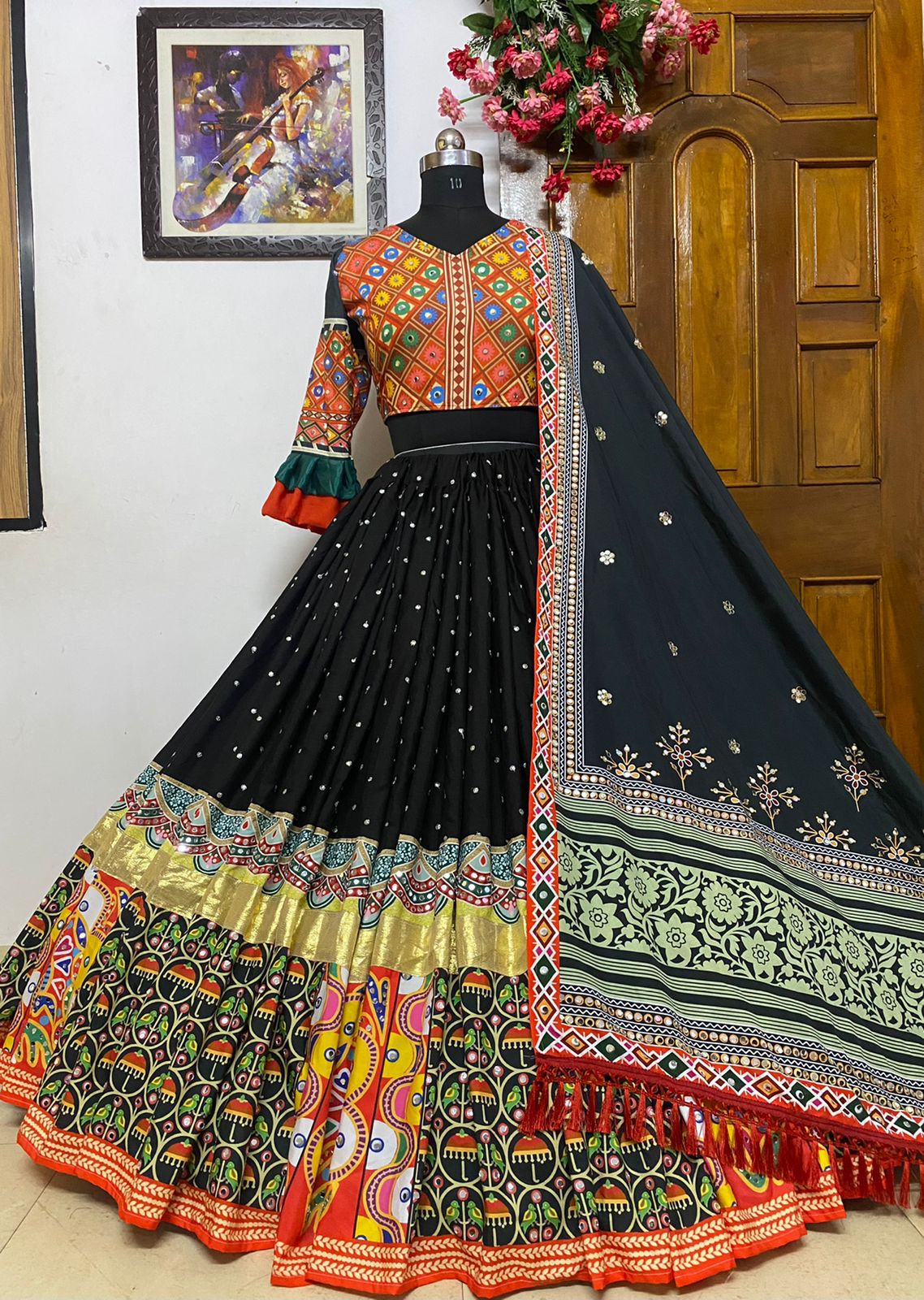 Black Heavy Butter Silk With Digital Print Embroidery & Real Mirror Work Navrati Lehenga