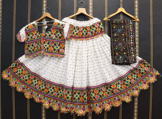 White Pure Heavy Rayon Cotton With Bandhani Print And Real Mirror Work Navratri Lehenga Choli