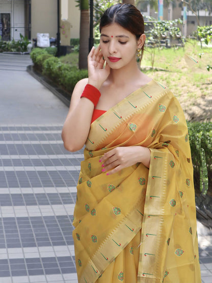 Paithani Organza Woven Saree Pastel Yellow