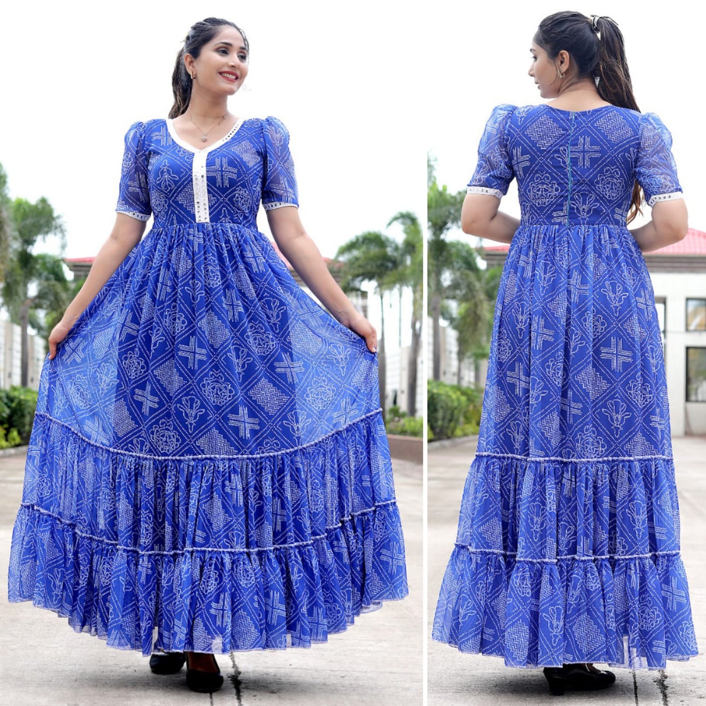 Georgette Blue Tradional Heavy Digital Print Gown Full Stitch