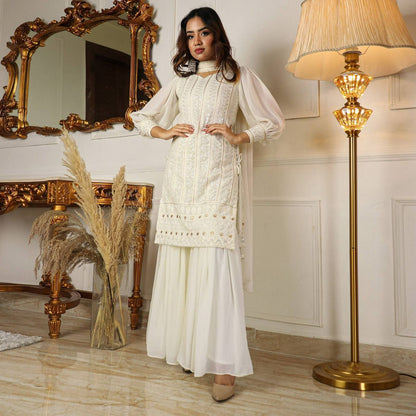 Beautiful Pure Lukhnowi Kurta Set Embroidery Cotton Thread Work, Sequence Work , Sharara And Duppta